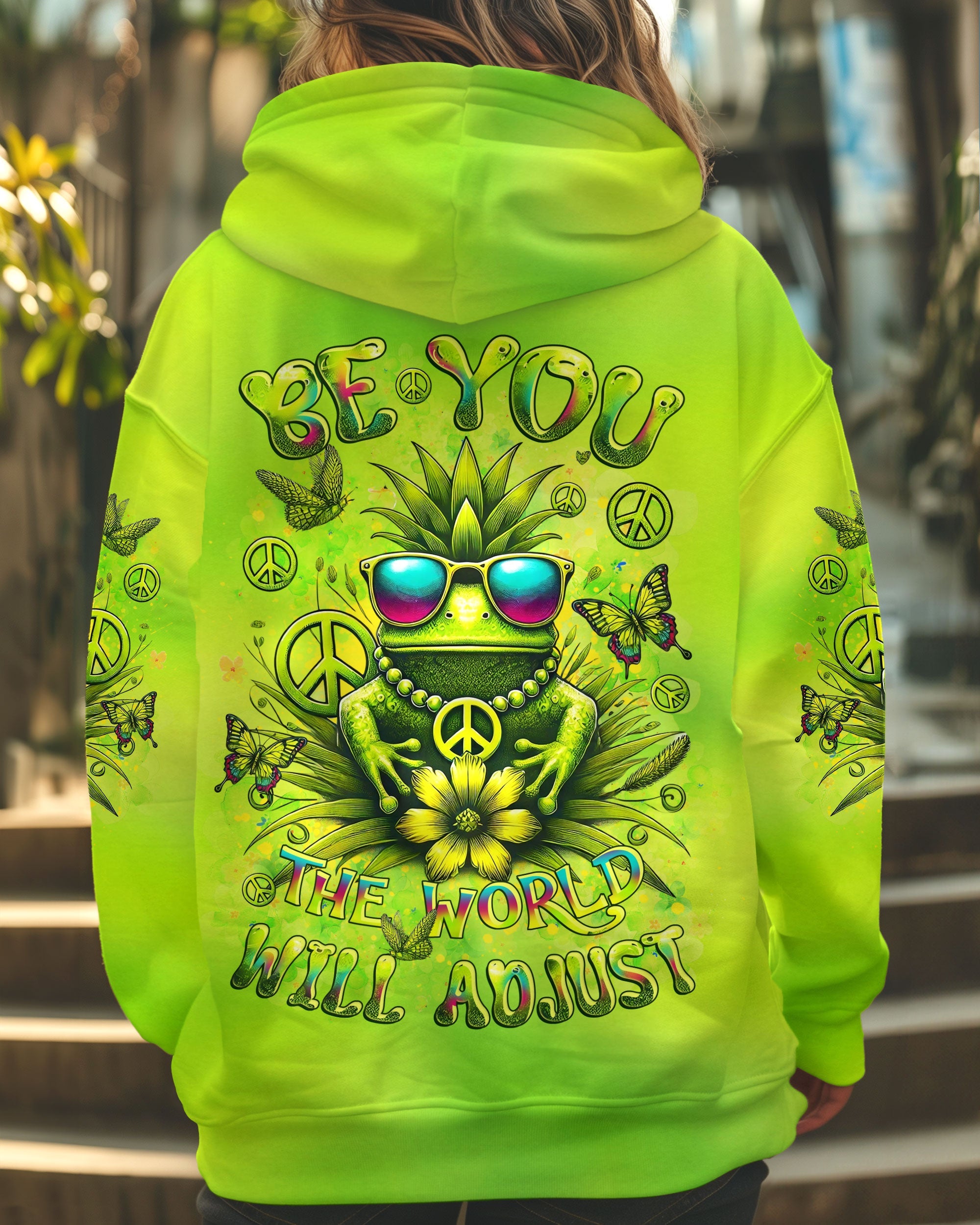Be You The World Will Adjust Pineapple Frog Neon Green Peace Symbol AOP Shirts _5_ w2Skn