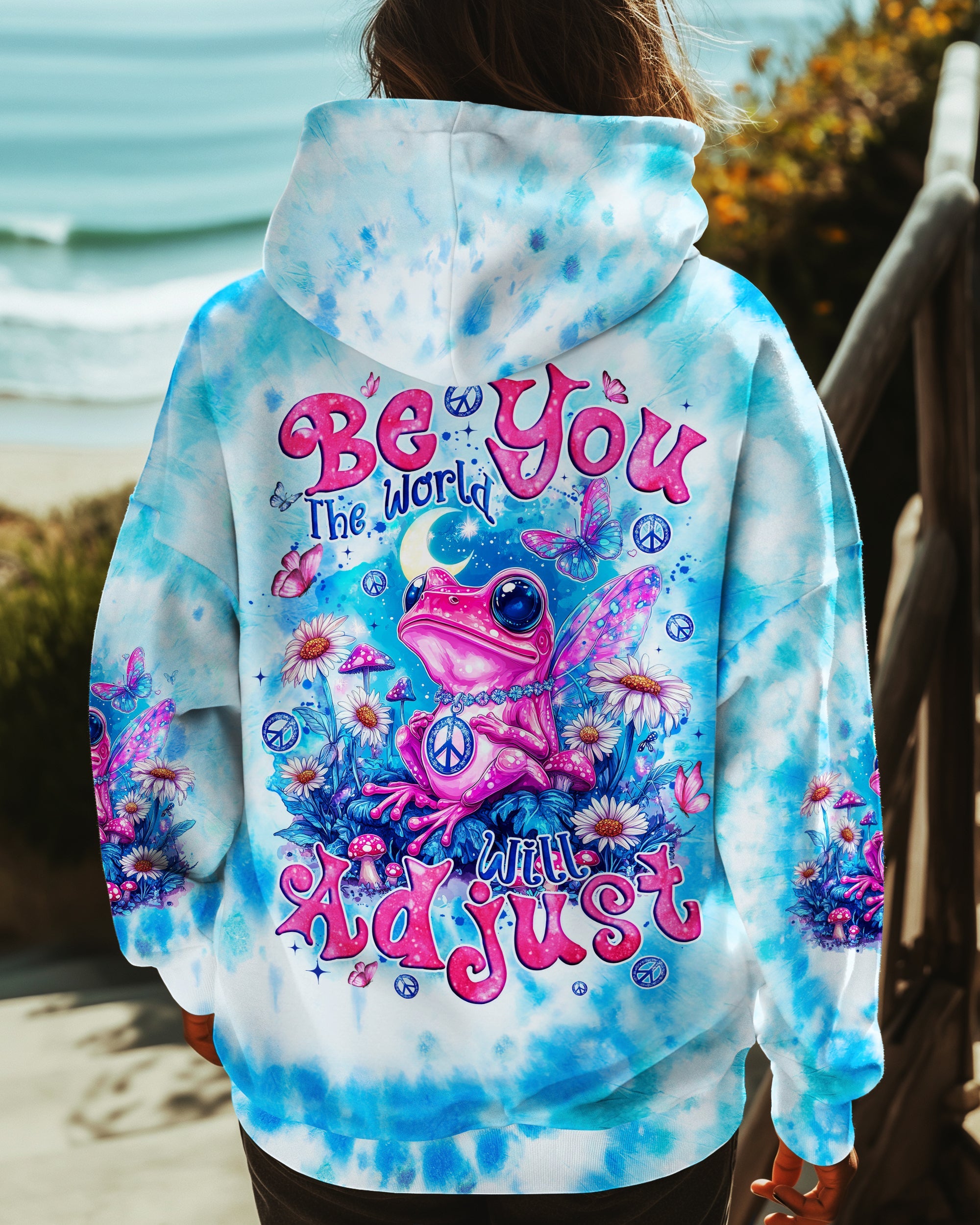 Be You The World Will Adjust Pink Peace Frog and Moon Tie Dye AOP Shirts _5_ ujnqT
