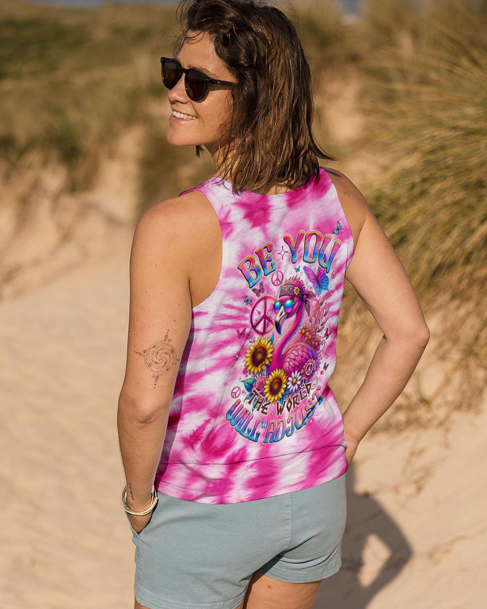 Be You The World Will Adjust Pink Tie Dye Flamingo Hippie Graphic for Women AOP Shirts _11_ 3oz8j