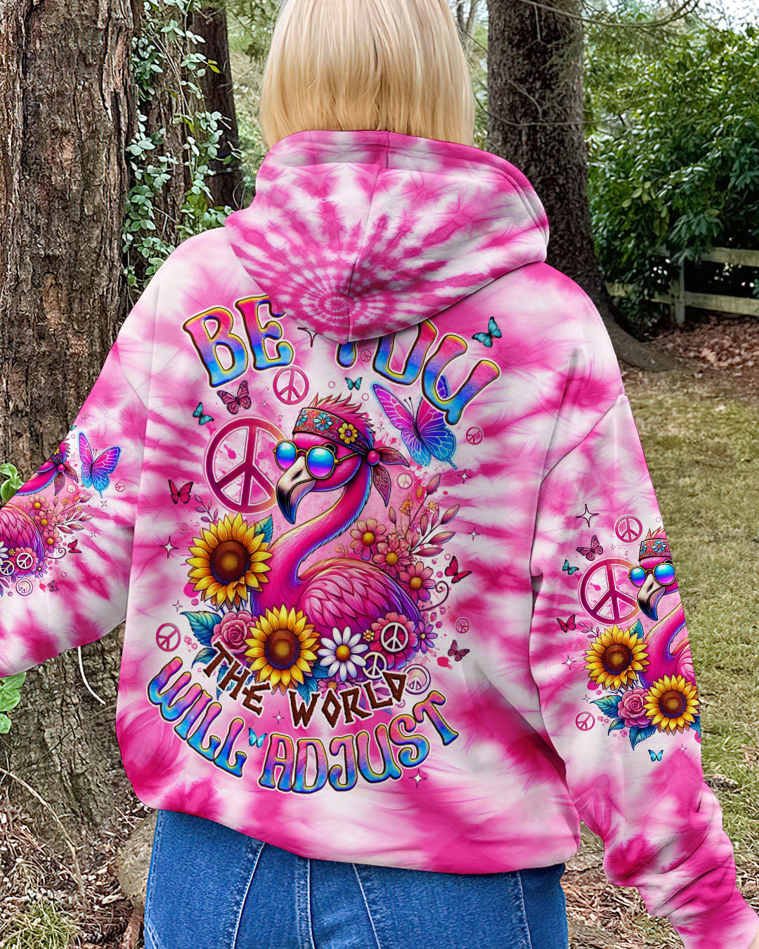 Be You The World Will Adjust Pink Tie Dye Flamingo Hippie Graphic for Women AOP Shirts _12_ KnpHO