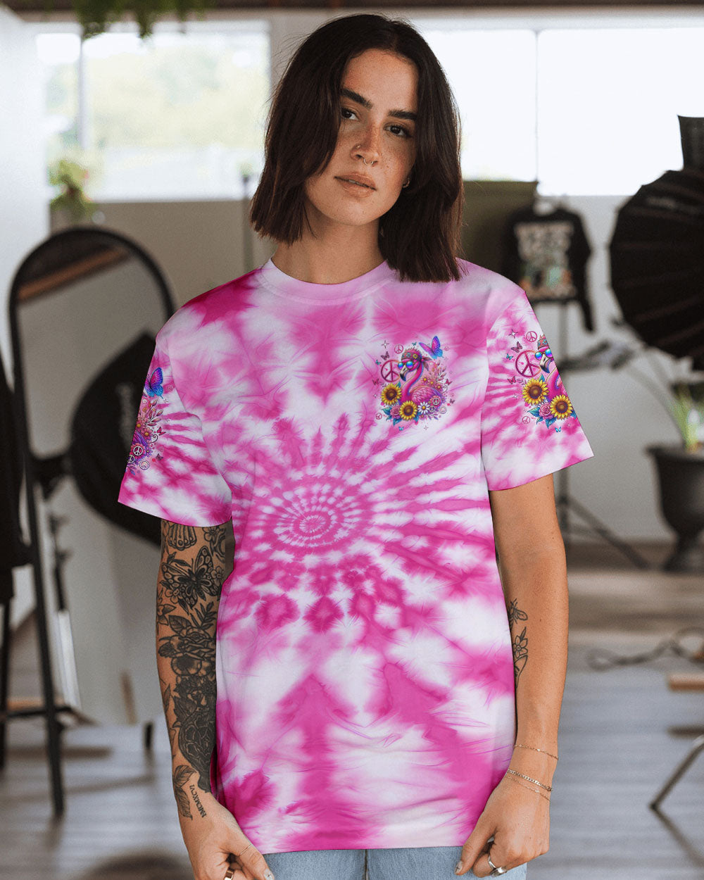 Be You The World Will Adjust Pink Tie Dye Flamingo Hippie Graphic for Women AOP Shirts _13_ cbQ03