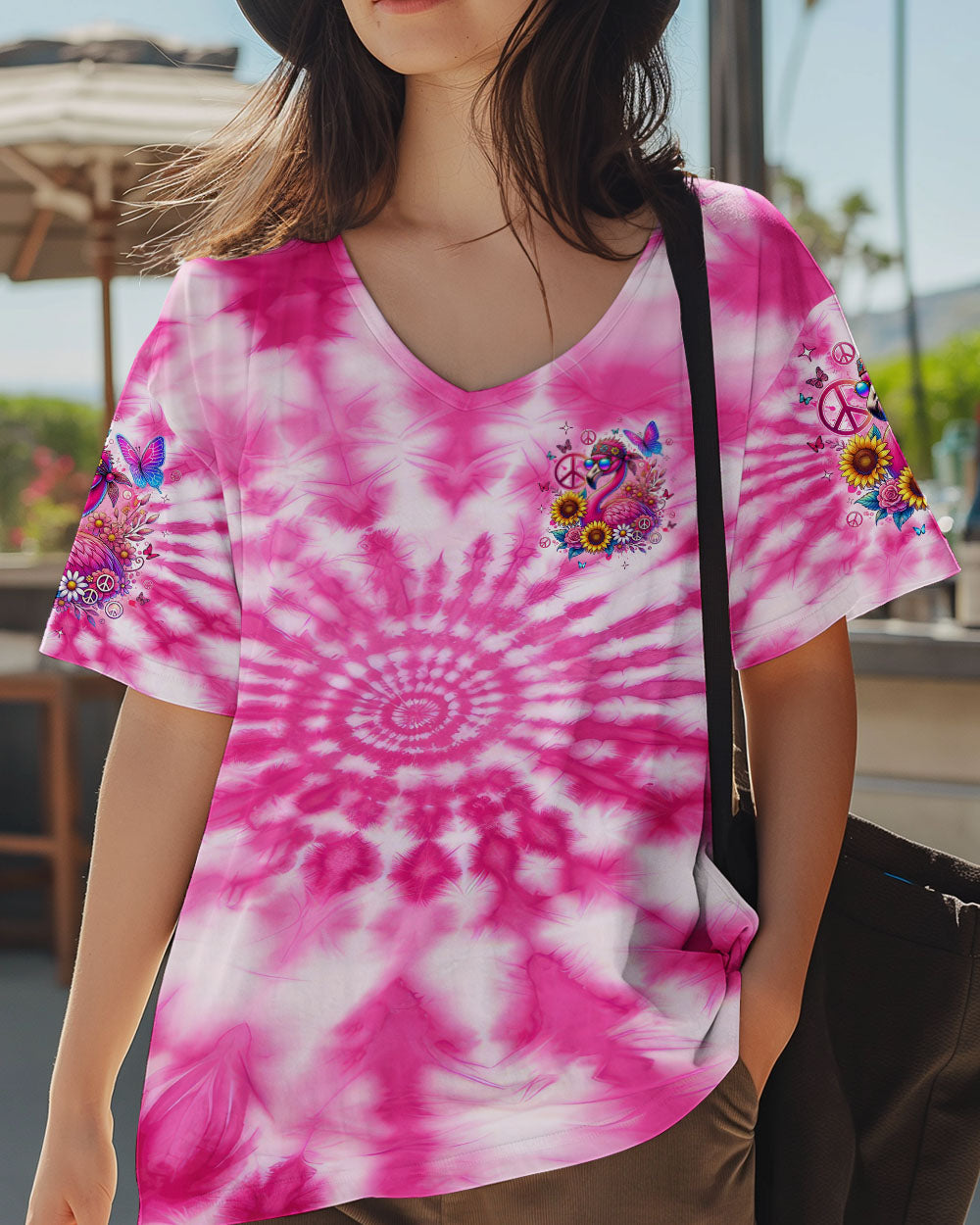 Be You The World Will Adjust Pink Tie Dye Flamingo Hippie Graphic for Women AOP Shirts _2_ fHbtw