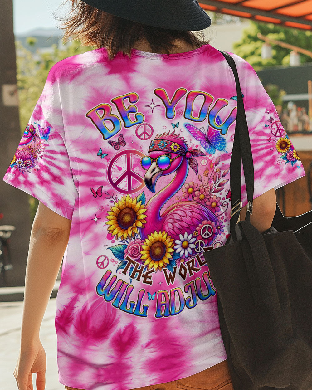 Be You The World Will Adjust Pink Tie Dye Flamingo Hippie Graphic for Women AOP Shirts _3_ gRBIM