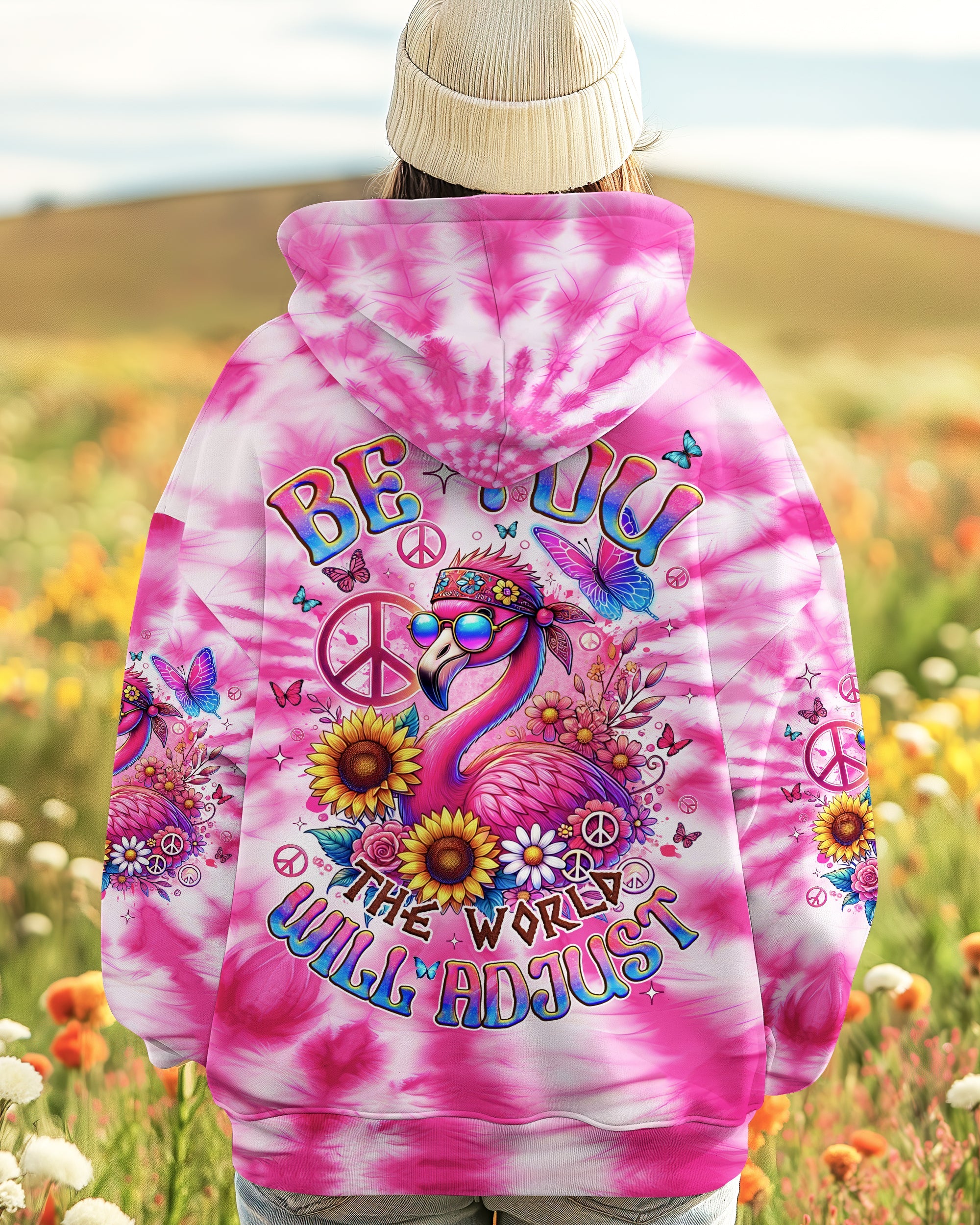 Be You The World Will Adjust Pink Tie Dye Flamingo Hippie Graphic for Women AOP Shirts _5_ bOq81