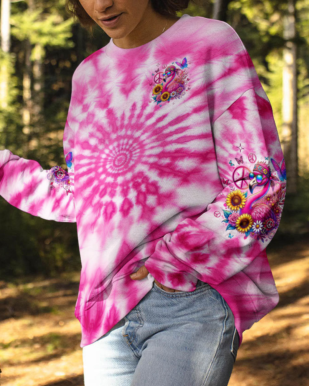 Be You The World Will Adjust Pink Tie Dye Flamingo Hippie Graphic for Women AOP Shirts _6_ 6VXMt