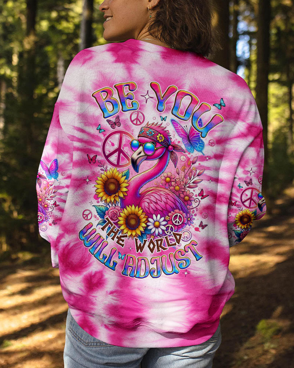 Be You The World Will Adjust Pink Tie Dye Flamingo Hippie Graphic for Women AOP Shirts _7_ ZNcf7