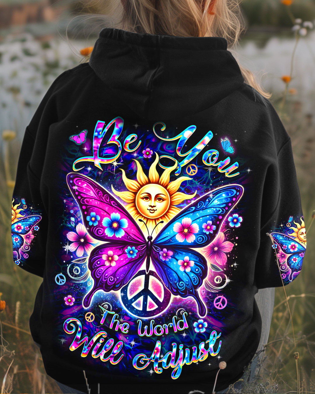 Be You The World Will Adjust Sun and Butterfly Hippie AOP Shirts _1_ EkW1p