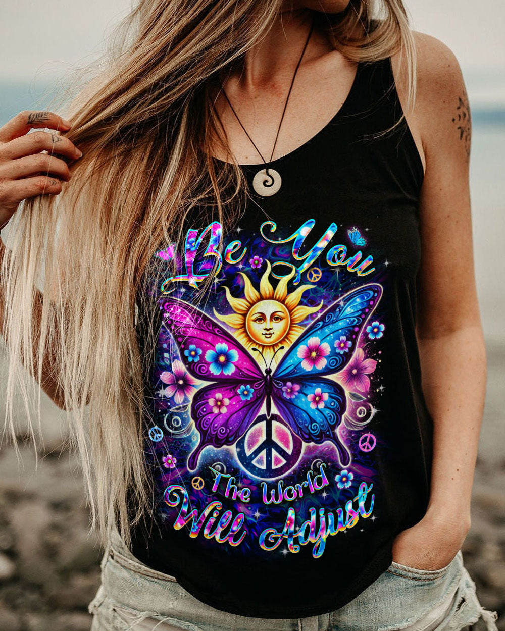 Be You The World Will Adjust Sun and Butterfly Hippie AOP Shirts _5_ vFUrq