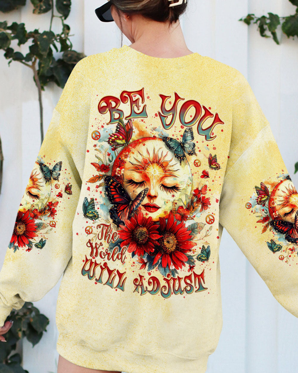 Be You The World Will Adjust Sunflower Face and Butterfly Hippie Floral Graphic AOP Shirts _7_ dMhyW