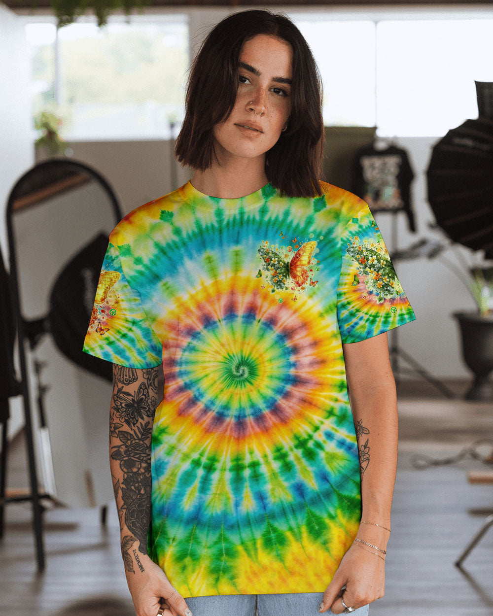 Be You The World Will Adjust Tie Dye Butterfly with Flowers AOP Shirts _14_ DJTZh