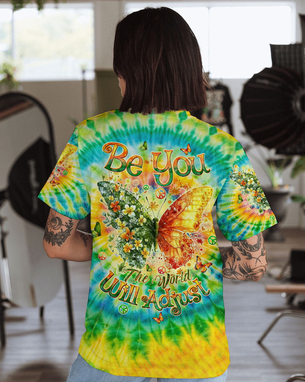 Be You The World Will Adjust Tie Dye Butterfly with Flowers AOP Shirts _1_ BWYFR