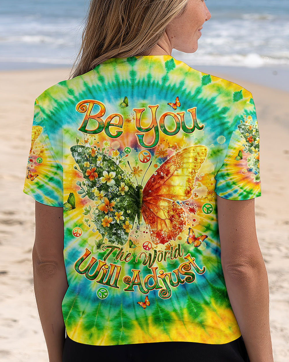 Be You The World Will Adjust Tie Dye Butterfly with Flowers AOP Shirts _3_ RP06u