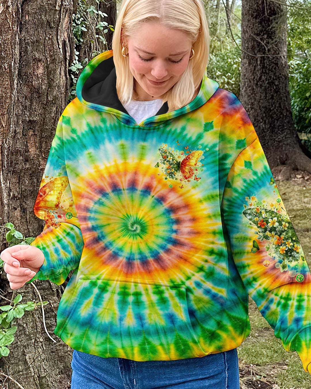 Be You The World Will Adjust Tie Dye Butterfly with Flowers AOP Shirts _4_ 98I3c