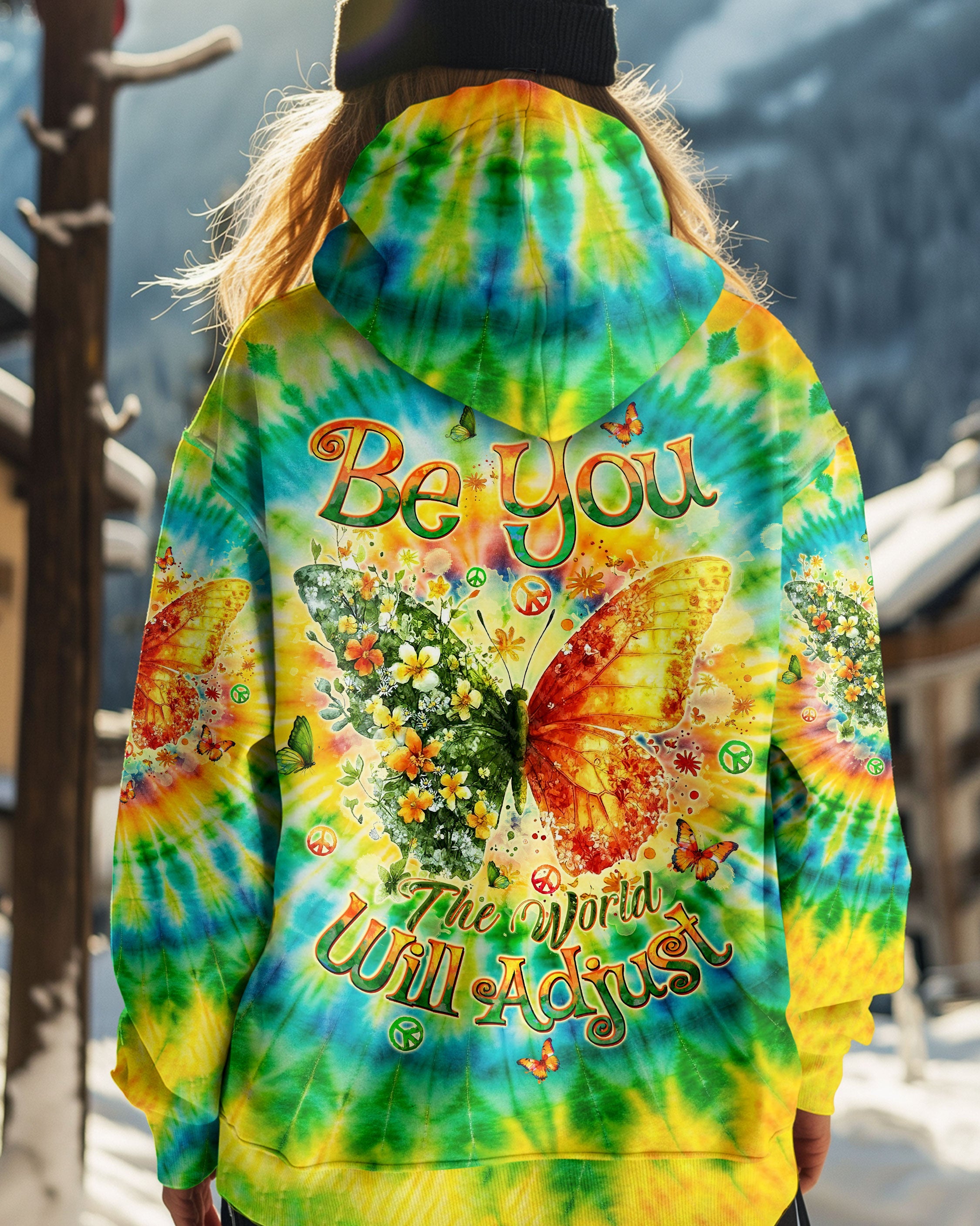 Be You The World Will Adjust Tie Dye Butterfly with Flowers AOP Shirts _5_ vKtCh