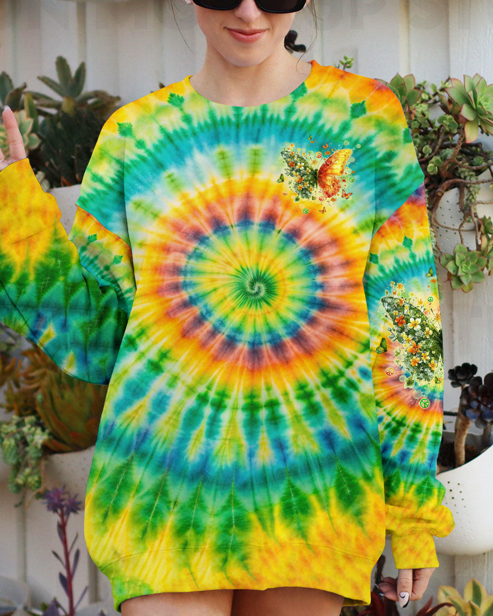 Be You The World Will Adjust Tie Dye Butterfly with Flowers AOP Shirts _6_ W4T8b