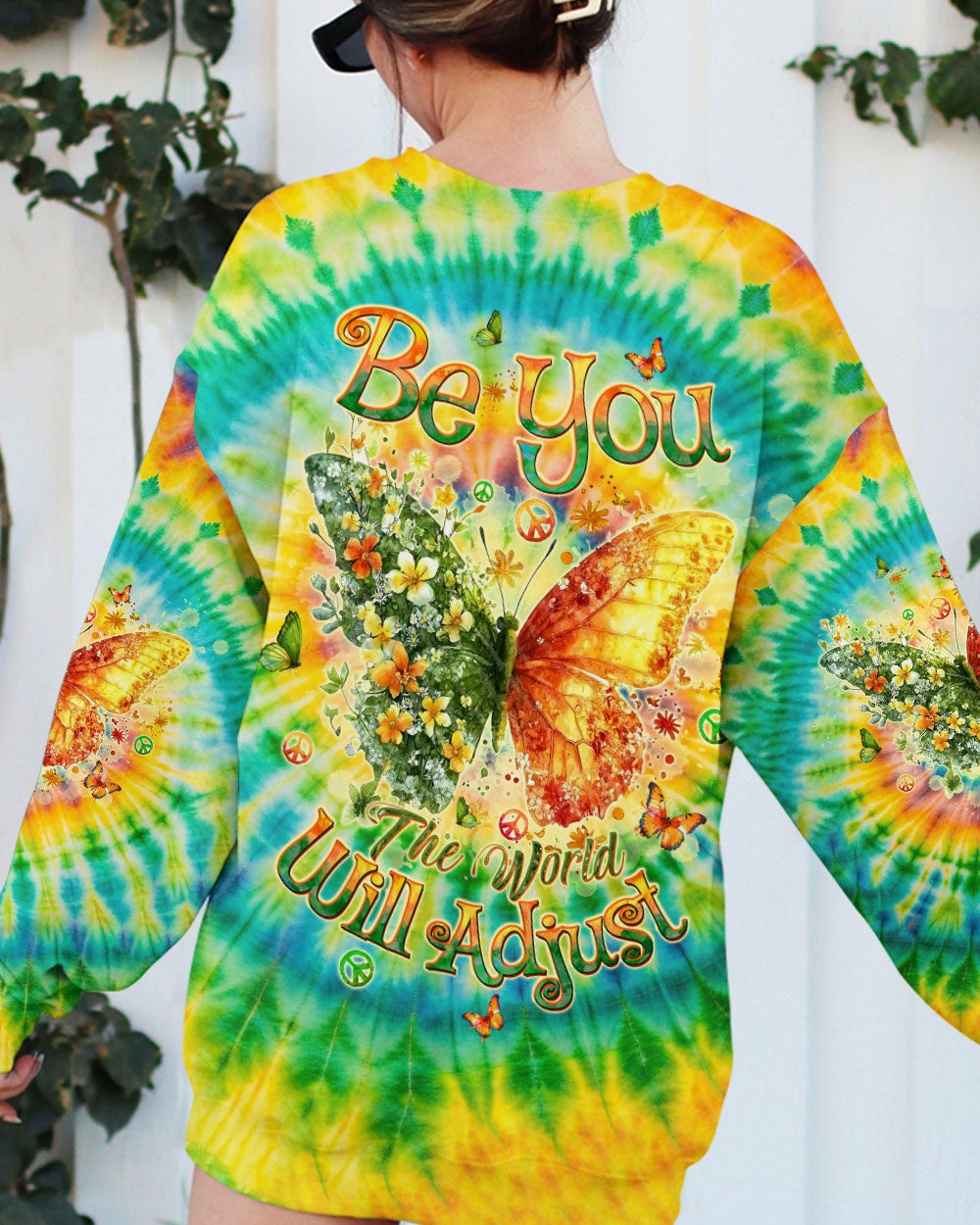 Be You The World Will Adjust Tie Dye Butterfly with Flowers AOP Shirts _7_ x7imE