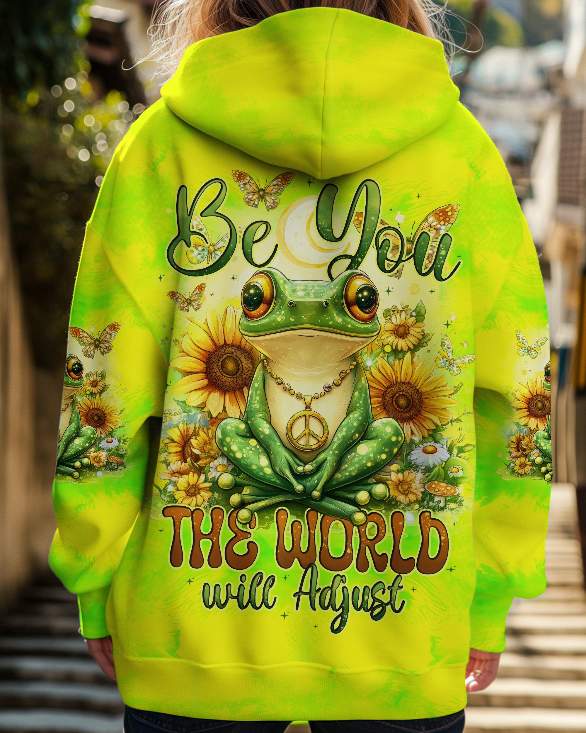 Be You The World Will Adjust Tie Dye Frog Peace Sunflower AOP Shirts _5_ spmRz