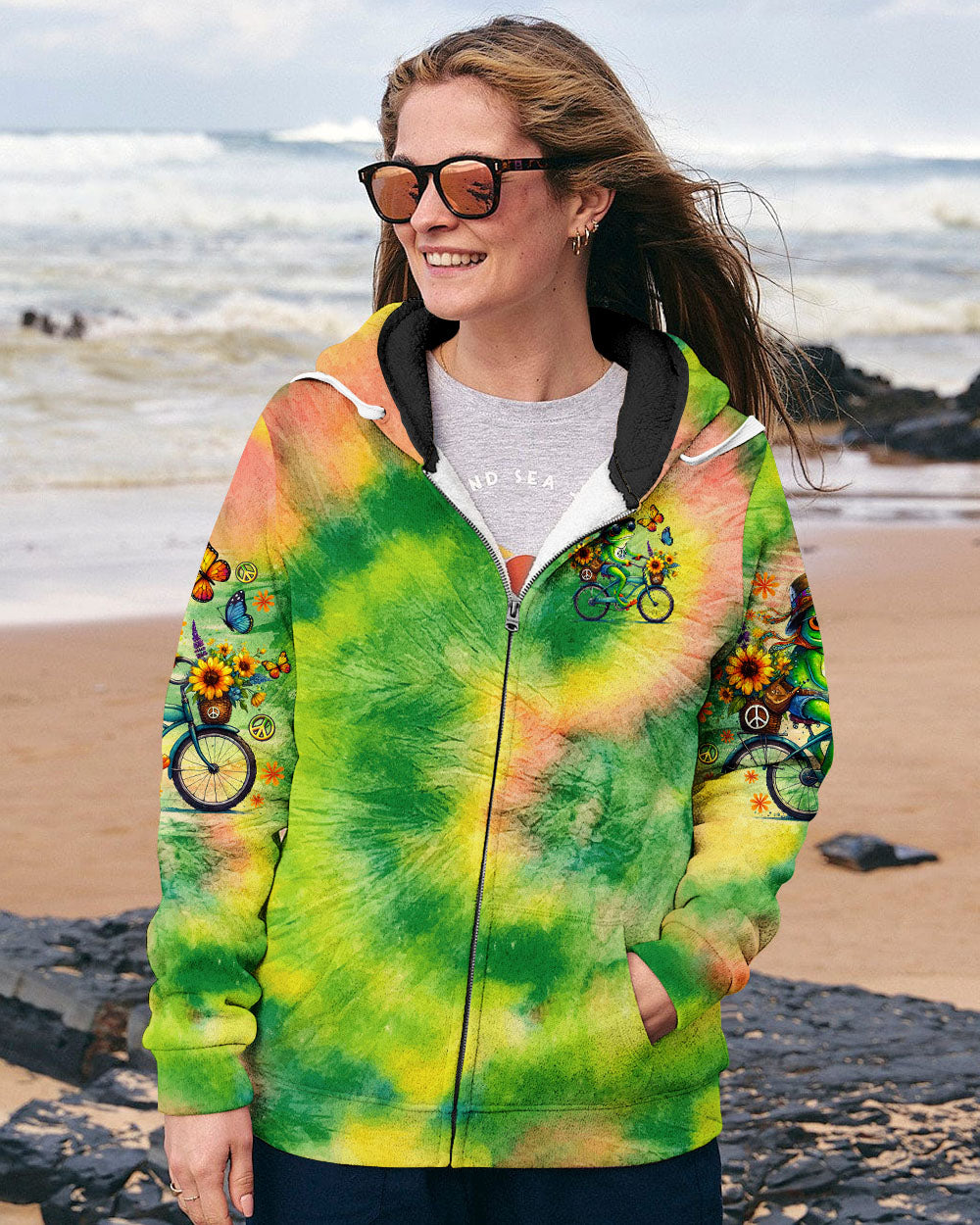 Be You The World Will Adjust Tie Dye Frog Riding Bike AOP Shirts _11_ d0edz