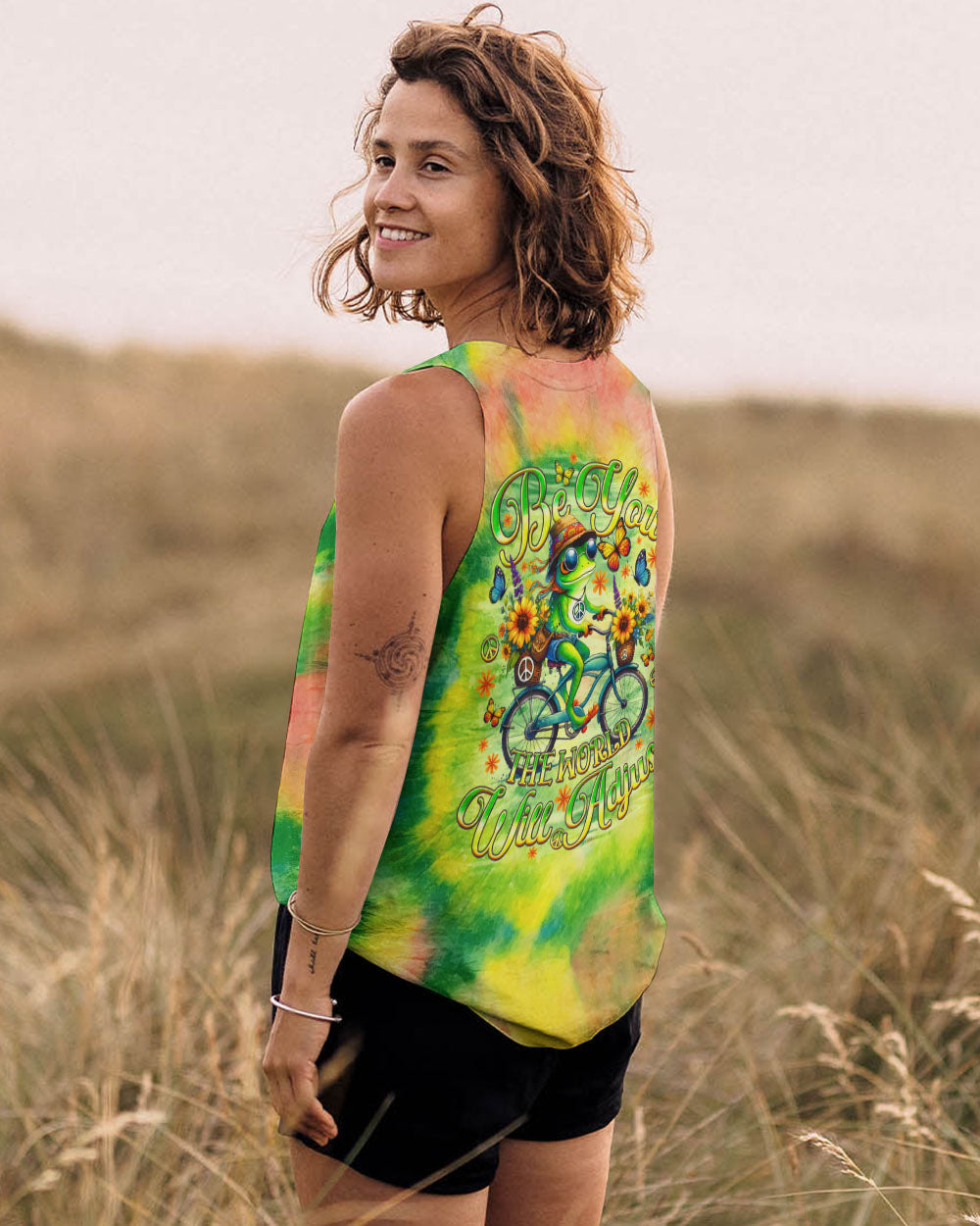 Be You The World Will Adjust Tie Dye Frog Riding Bike AOP Shirts _14_ GWxce