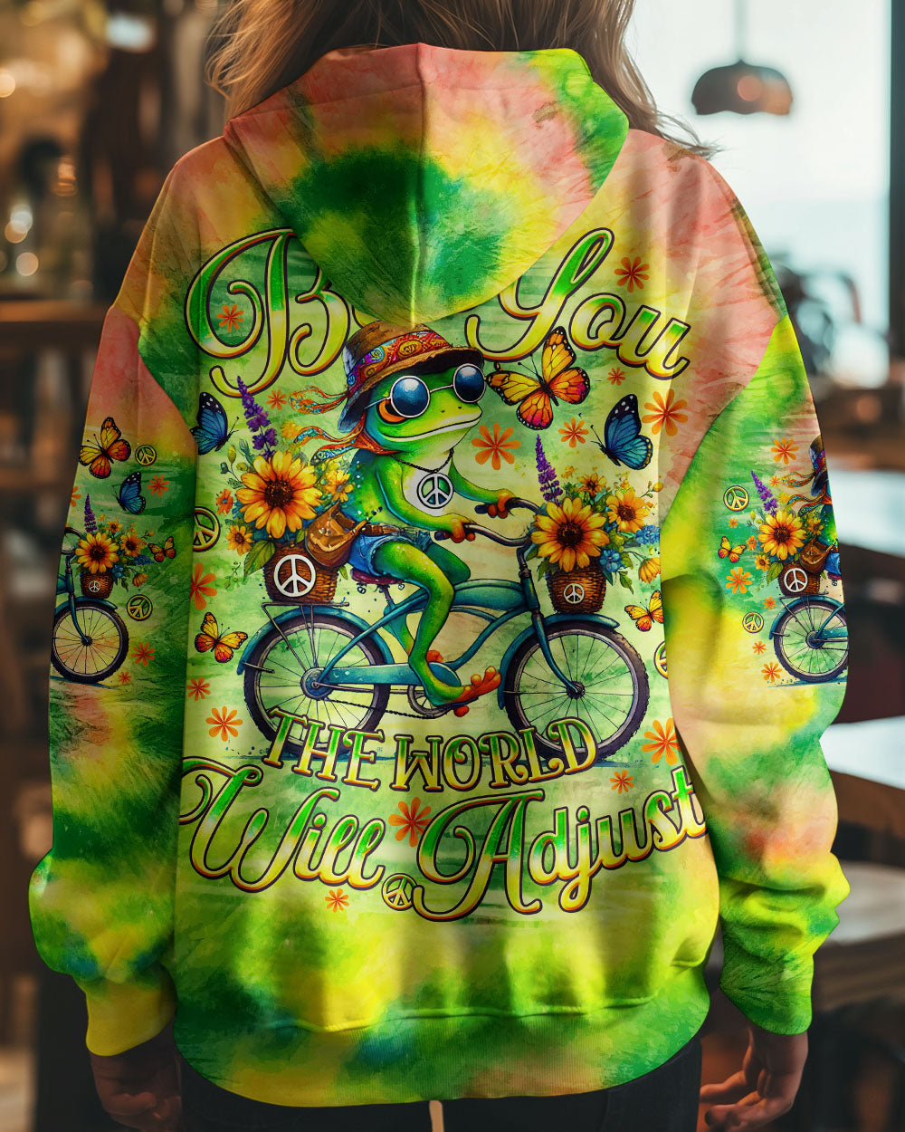 Be You The World Will Adjust Tie Dye Frog Riding Bike AOP Shirts _1_ QMWeT