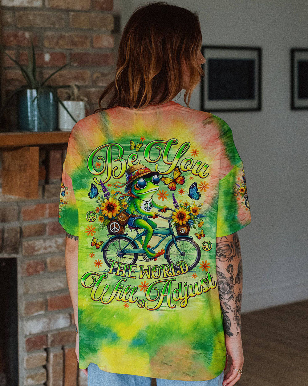Be You The World Will Adjust Tie Dye Frog Riding Bike AOP Shirts _4_ bIJfV