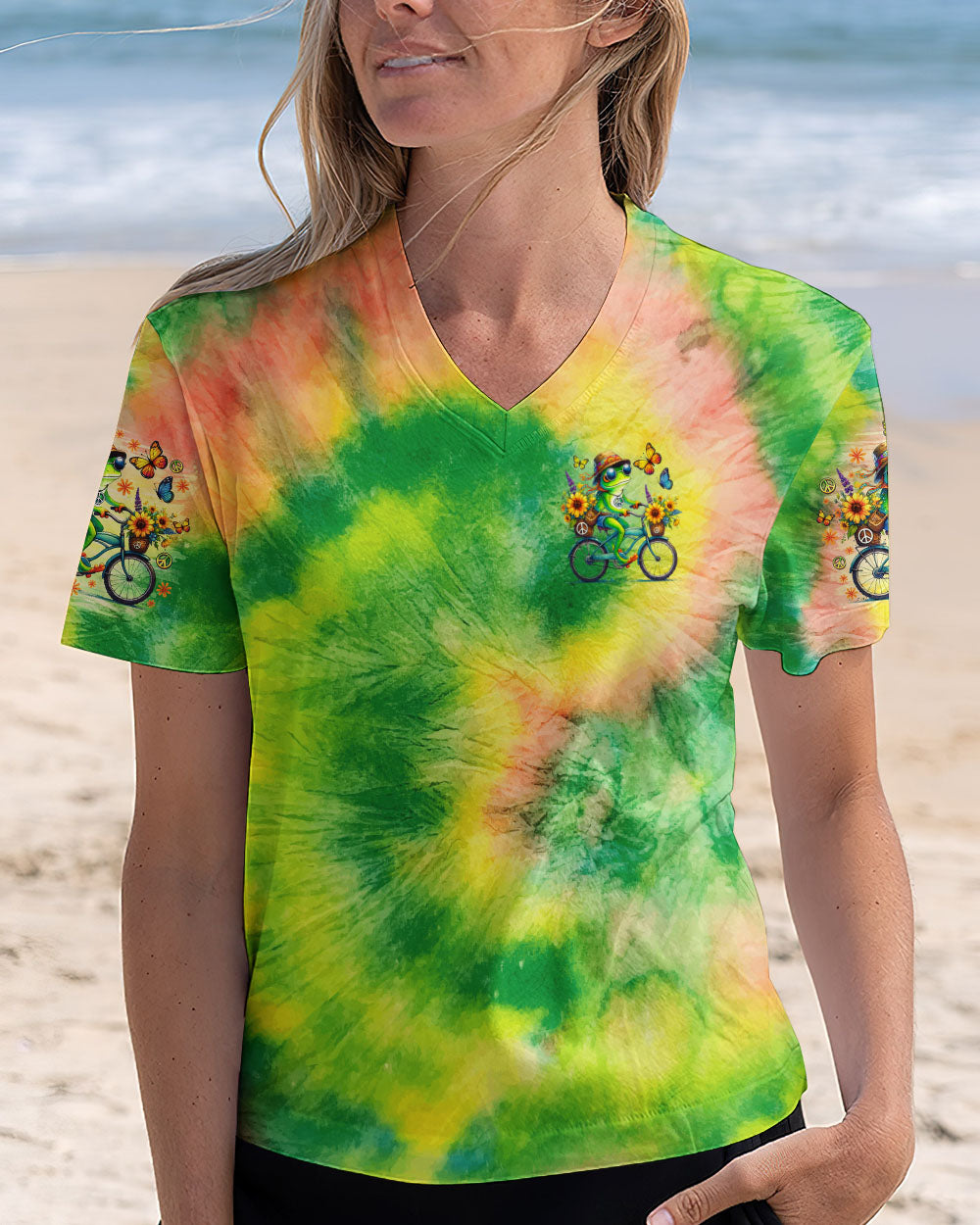 Be You The World Will Adjust Tie Dye Frog Riding Bike AOP Shirts _5_ zIrp7