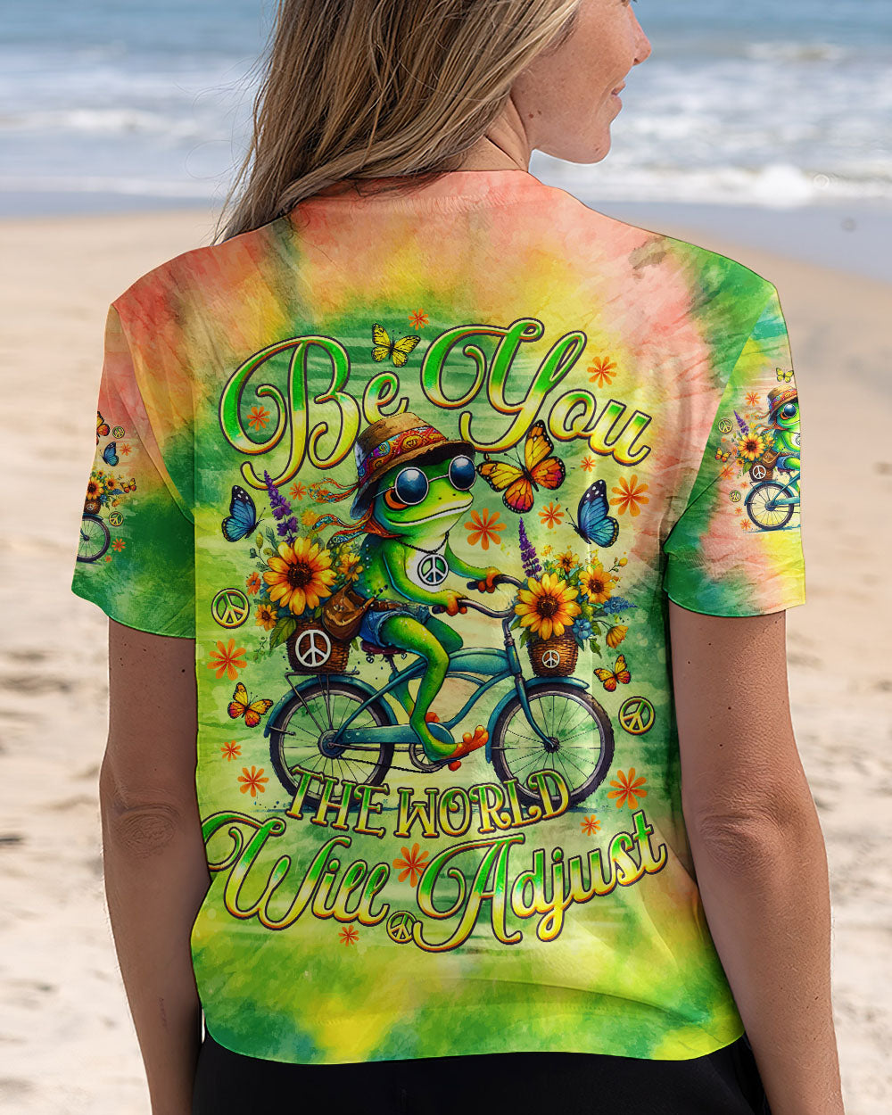 Be You The World Will Adjust Tie Dye Frog Riding Bike AOP Shirts _6_ jtT5J