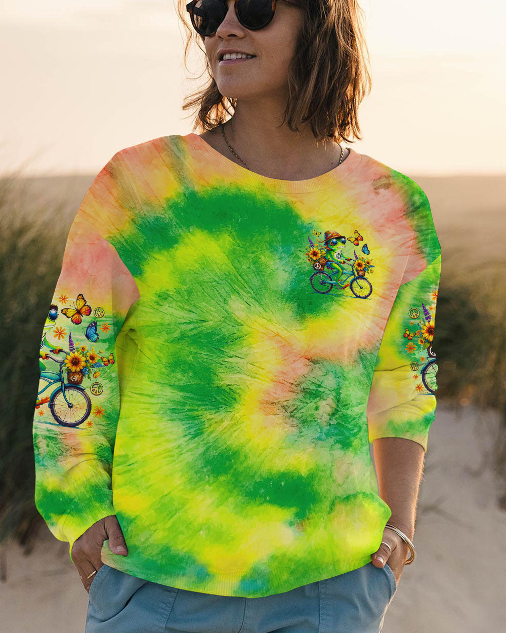 Be You The World Will Adjust Tie Dye Frog Riding Bike AOP Shirts _9_ khCVD