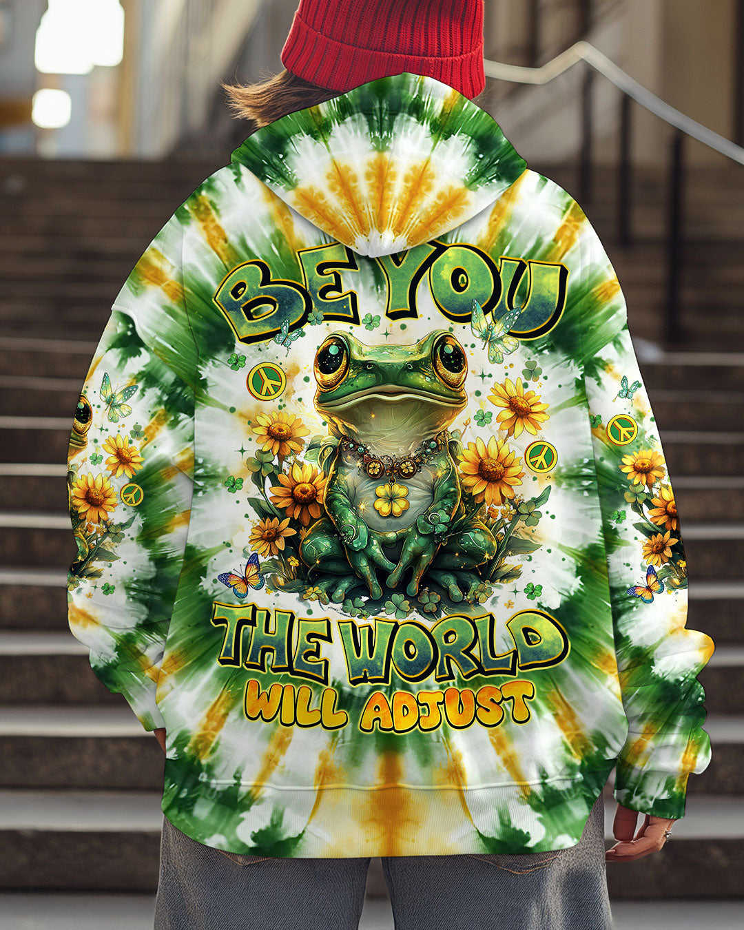 Be You The World Will Adjust Tie Dye Frog Sunflower Hippie AOP Shirts _7_ JJDq4