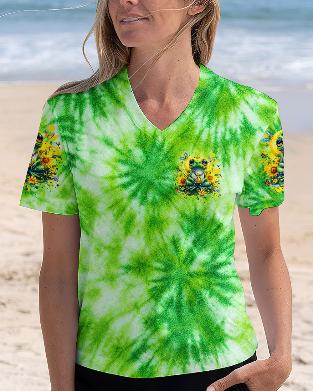 Be You The World Will Adjust Tie Dye Frog with Sunflowers Hippie Graphic AOP Shirts _2_ 2pOcs