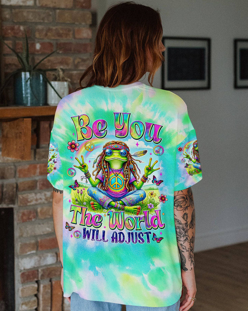 Be You The World Will Adjust Tie Dye Hippie Frog with Peace Symbol AOP Shir _3_ uuiOP