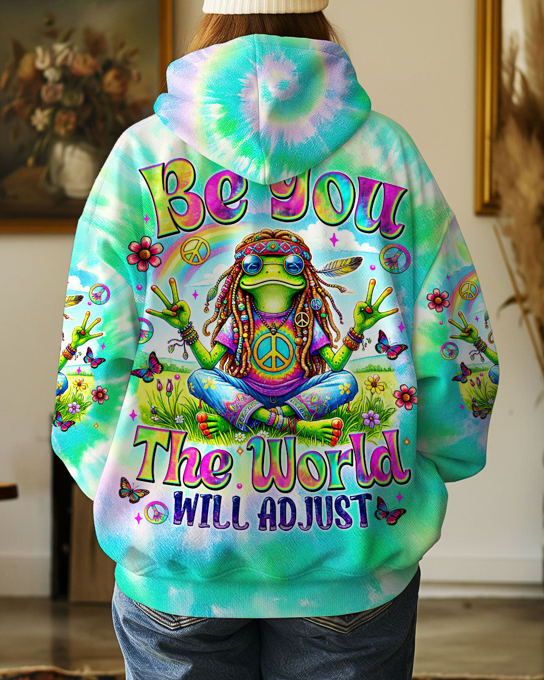 Be You The World Will Adjust Tie Dye Hippie Frog with Peace Symbol AOP Shir _7_ hMISK