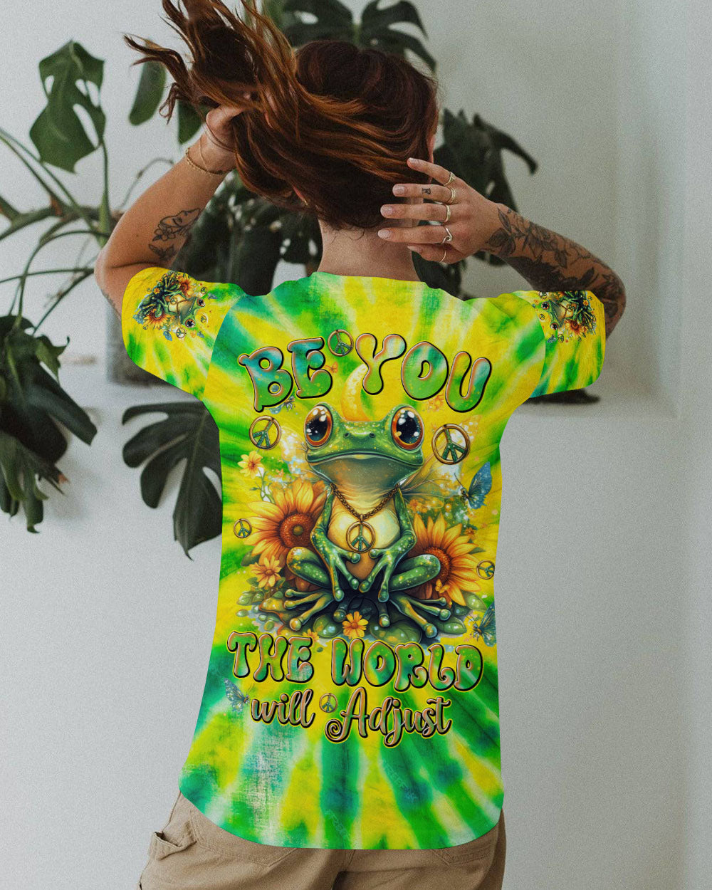 Be You The World Will Adjust Tie Dye Peace Frog and Sunflower AOP Shirts _12_ 467NV