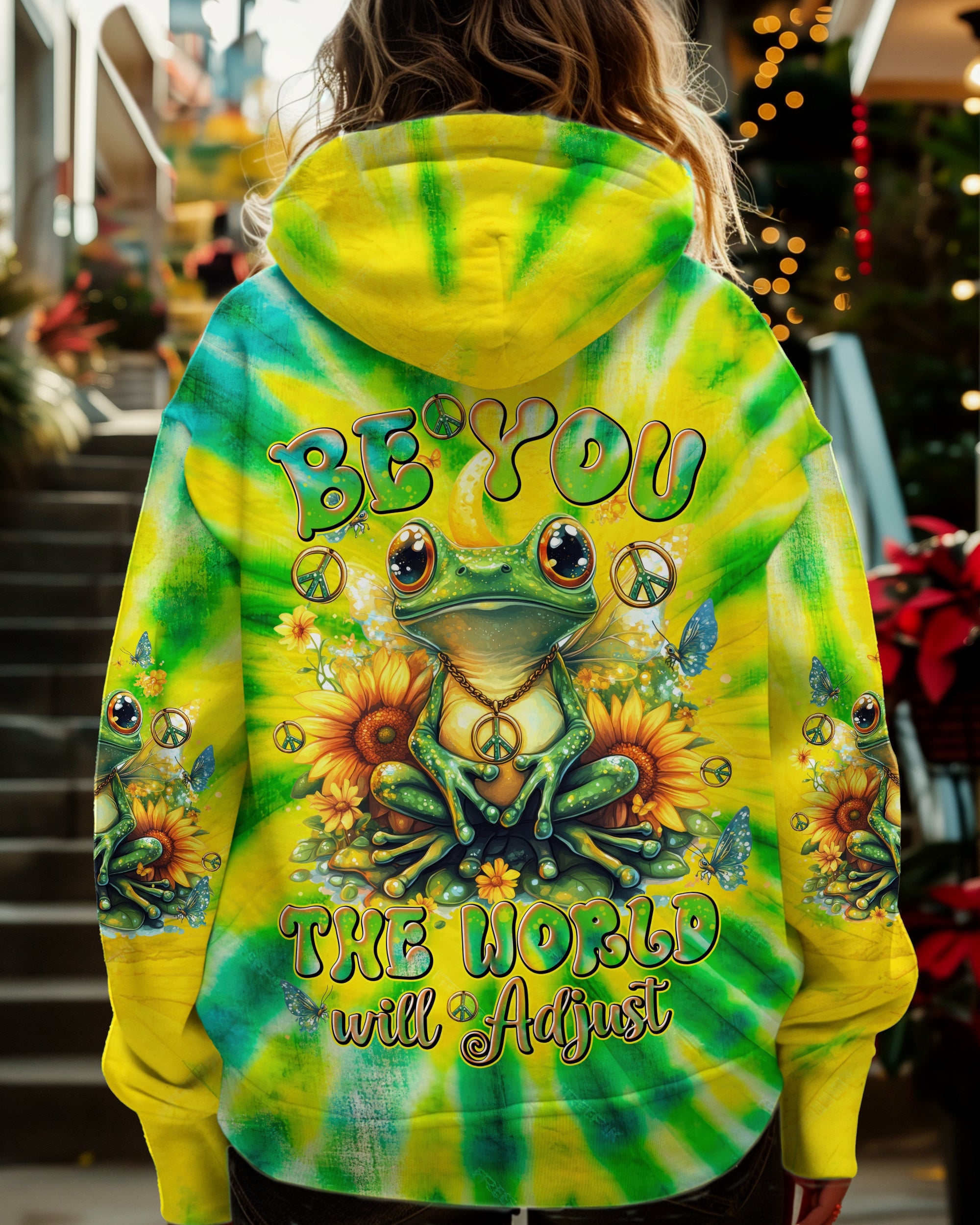 Be You The World Will Adjust Tie Dye Peace Frog and Sunflower AOP Shirts _3_ K1RFo