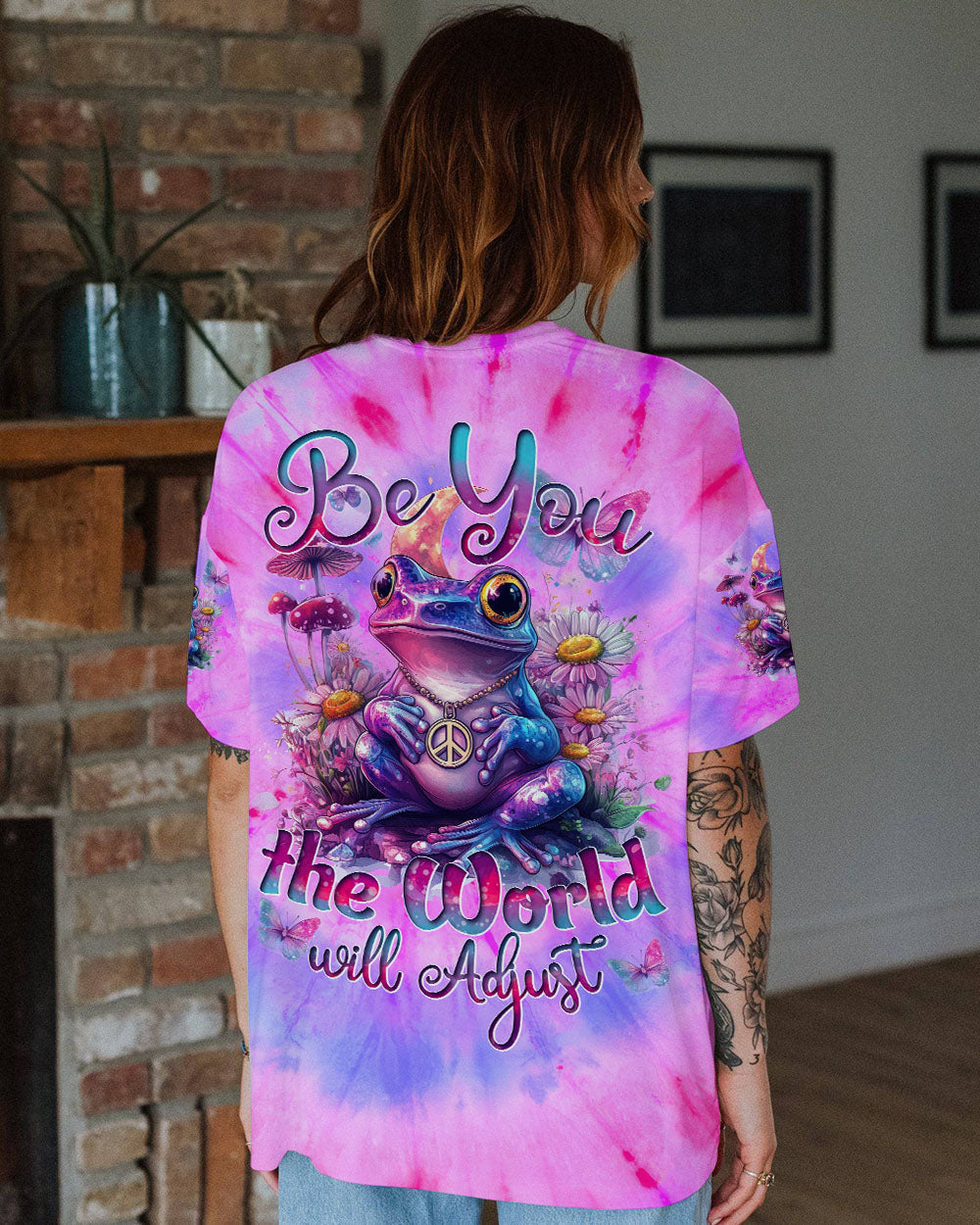 Be You The World Will Adjust Tie Dye Purple Peace Frog and Wildflowers AOP Shirts _11_ uKOqj