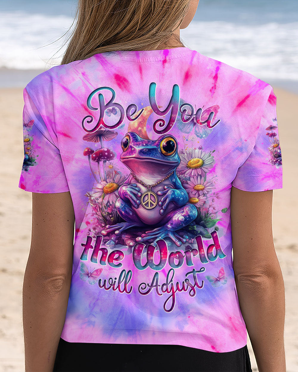Be You The World Will Adjust Tie Dye Purple Peace Frog and Wildflowers AOP Shirts _13_ bb0pX