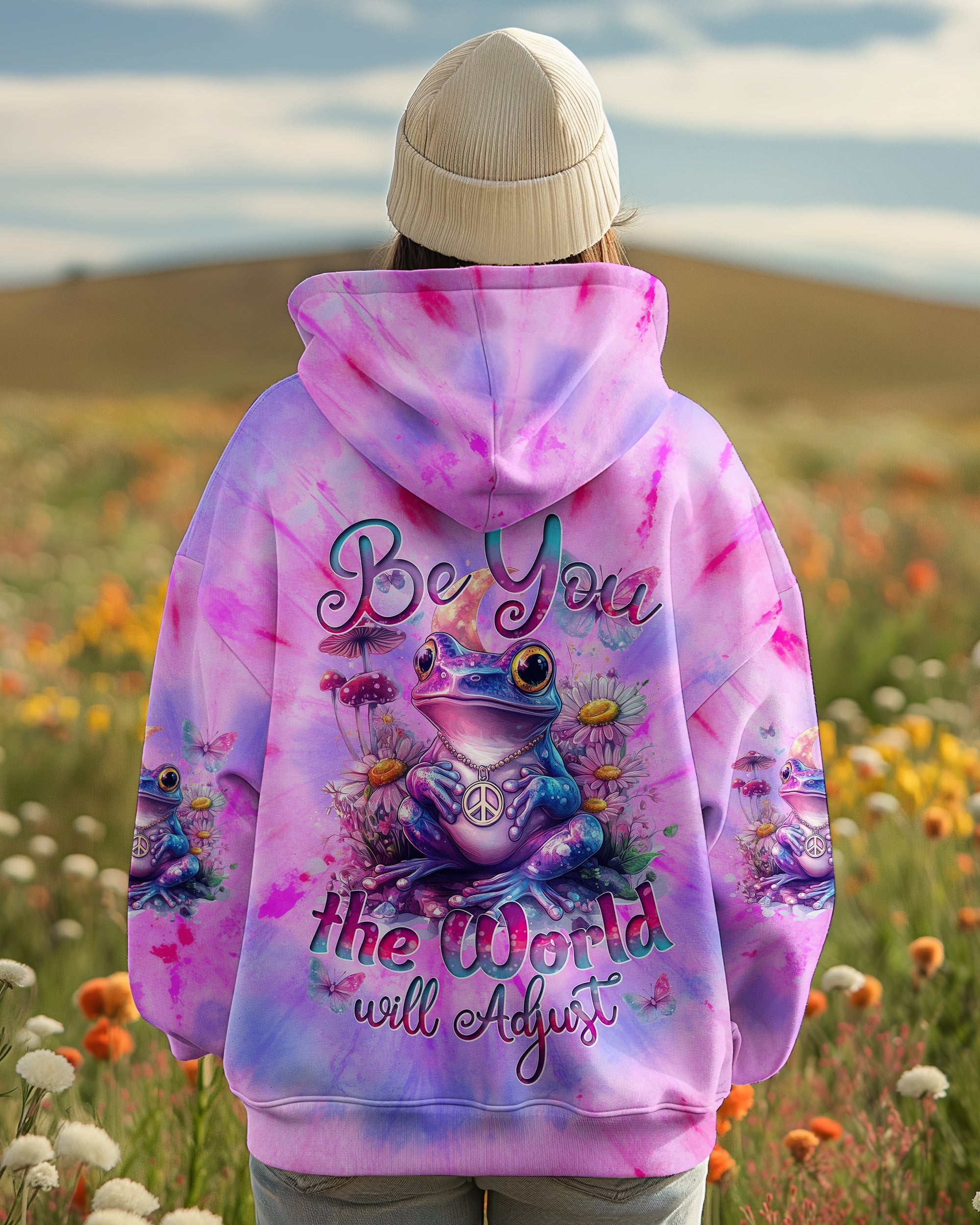 Be You The World Will Adjust Tie Dye Purple Peace Frog and Wildflowers AOP Shirts _1_ sSv93