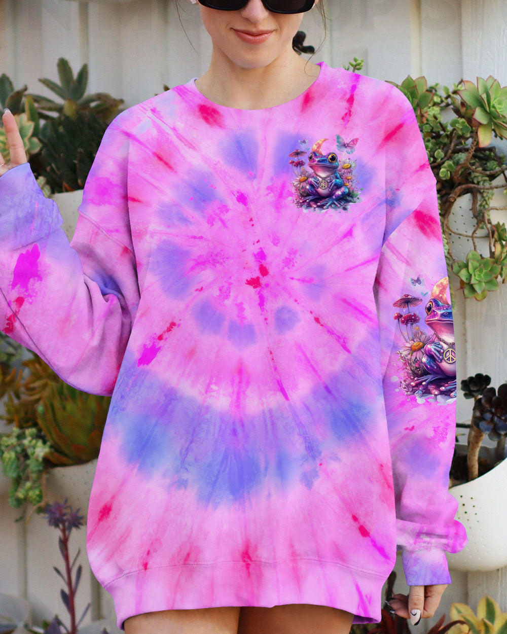 Be You The World Will Adjust Tie Dye Purple Peace Frog and Wildflowers AOP Shirts _2_ ddT2I
