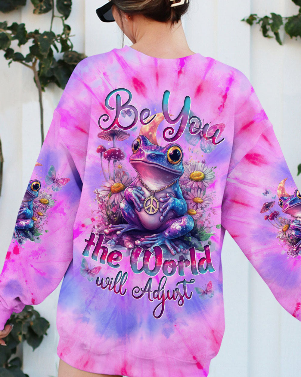 Be You The World Will Adjust Tie Dye Purple Peace Frog and Wildflowers AOP Shirts _3_ FJ7ox