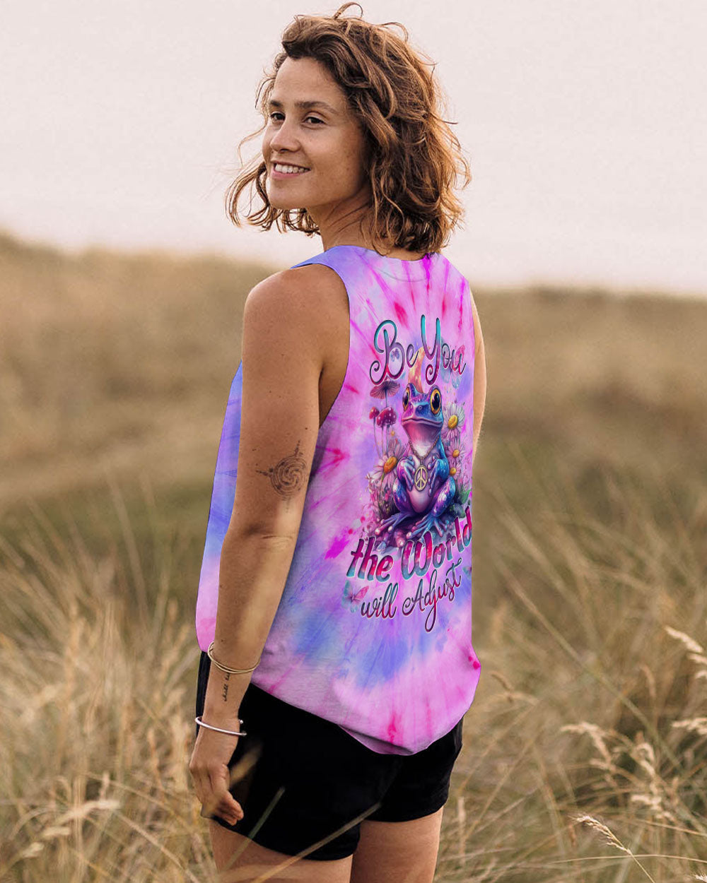 Be You The World Will Adjust Tie Dye Purple Peace Frog and Wildflowers AOP Shirts _7_ GS5ba