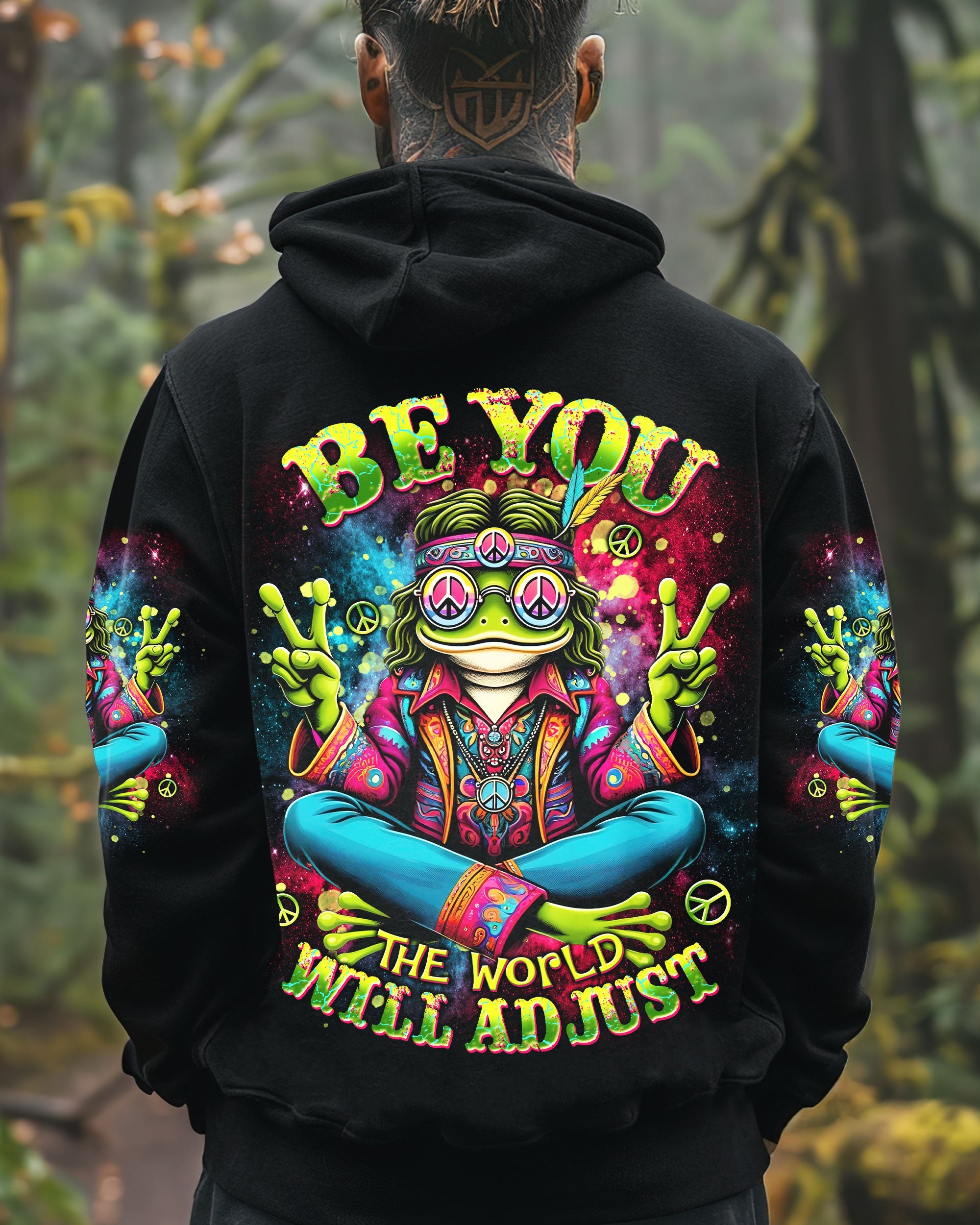 Be You The World Will Adjust Trippy Frog Hippie Peace Signs AOP Shirts _1_ 6D0Gv