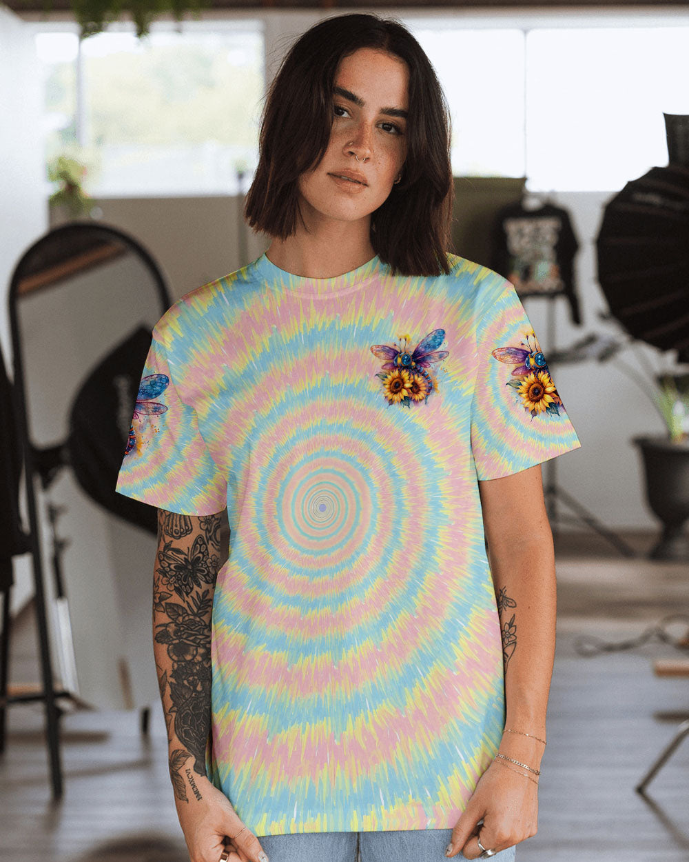 Be You the World Will Adjust Tie Dye Dragonfly and Sunflower AOP Shirts _13_ SmKb7