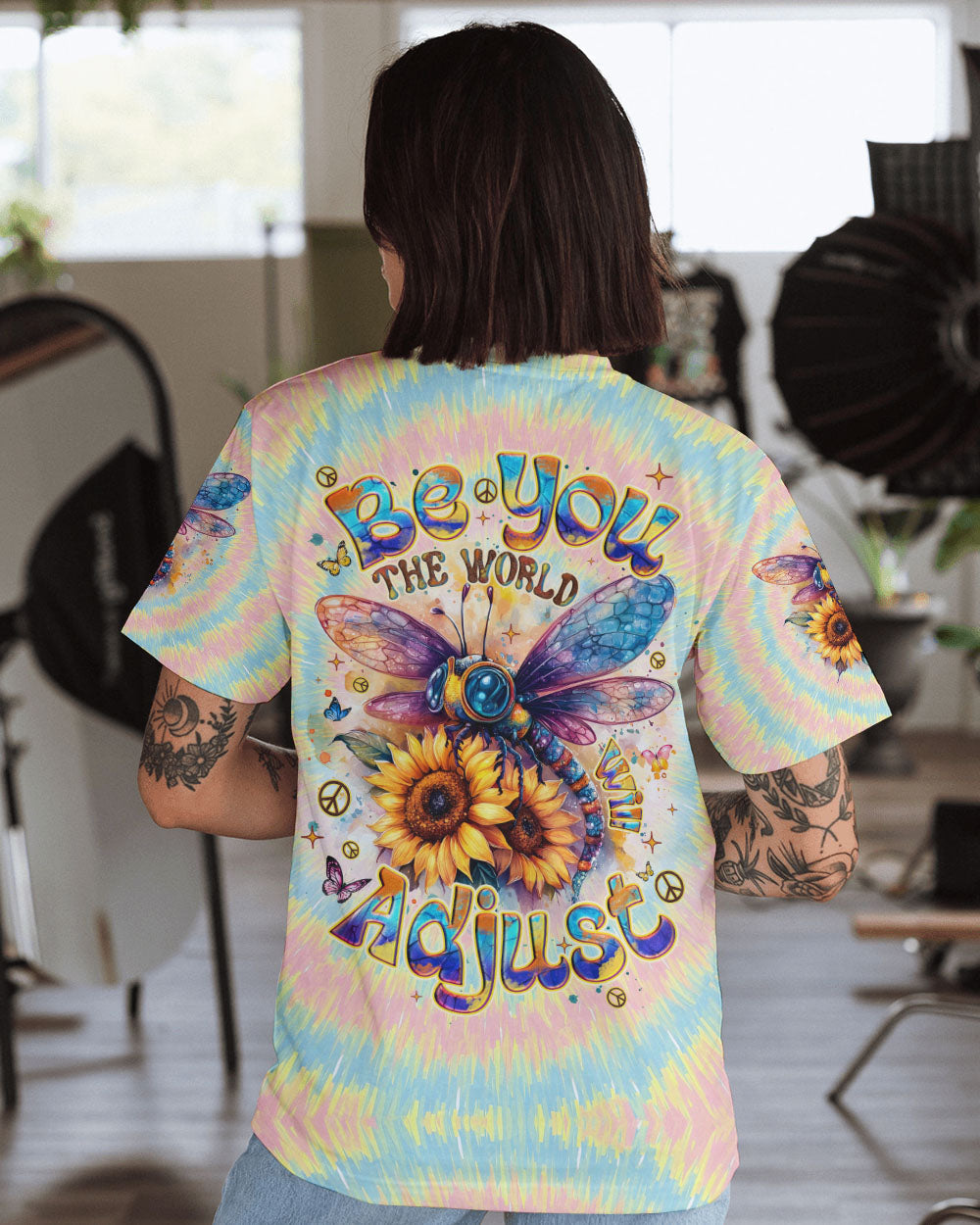 Be You the World Will Adjust Tie Dye Dragonfly and Sunflower AOP Shirts _1_ Icvtv