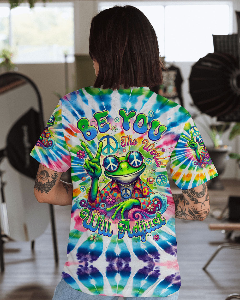 Be You the World Will Adjust Tie Dye Hippie Frog Graphic AOP Shirts _4_ kGJWu