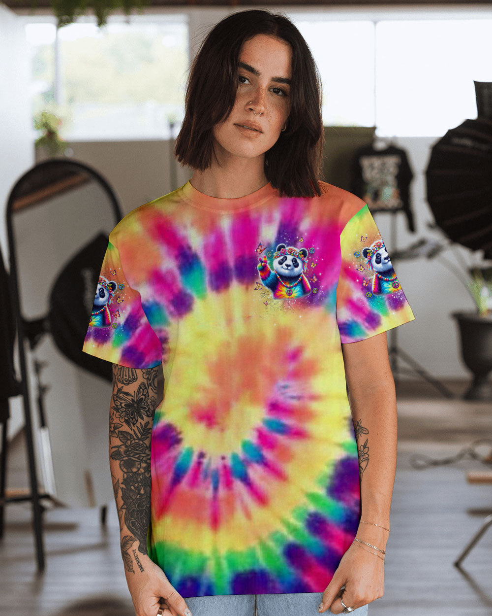 Be You the World Will Adjust Tie Dye Peace Panda Graphic AOP Shirts _9_ AwT5m