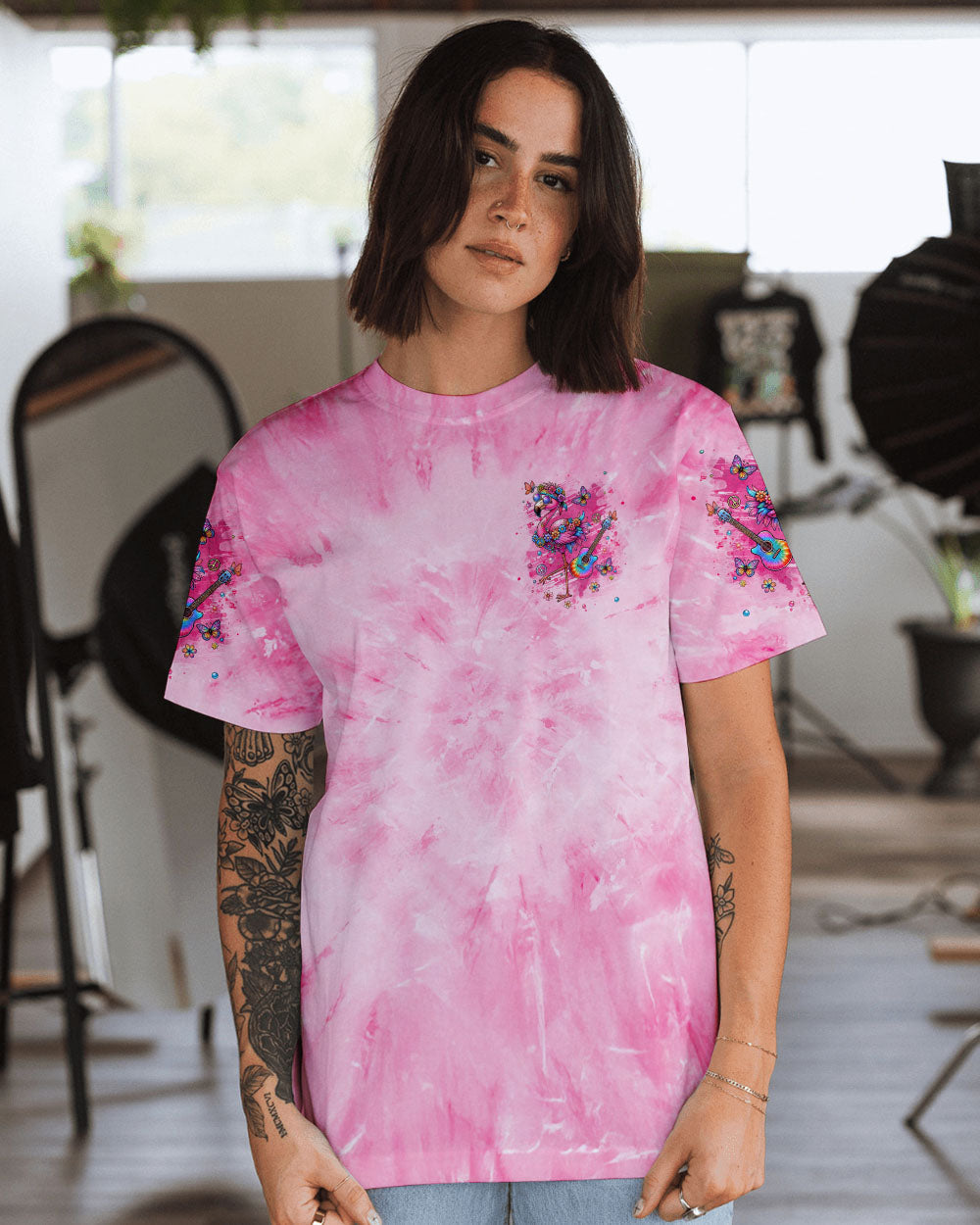 Be You the World will Adjust Flamingo Tie Dye with Guitar and Flowers AOP Shirts _13_ QfoXO