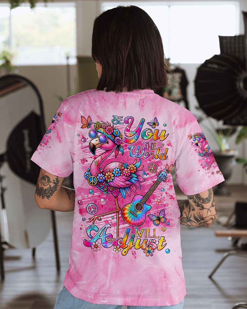 Be You the World will Adjust Flamingo Tie Dye with Guitar and Flowers AOP Shirts _1_ vx0li