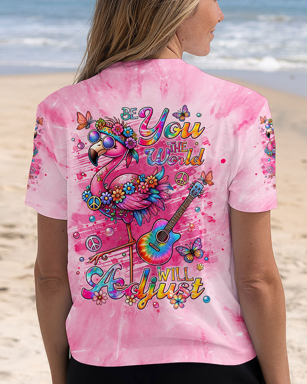 Be You the World will Adjust Flamingo Tie Dye with Guitar and Flowers AOP Shirts _3_ UFW9m