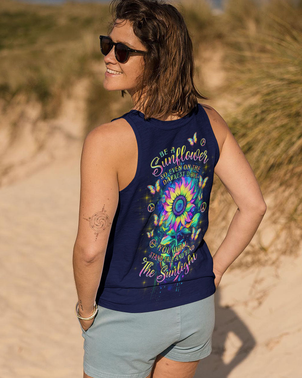 Be a Sunflower _26 Stand Tall Quote Colorful Galaxy Sunflower Peaceful Hippie Style AOP Shirts _14_ SHNOq