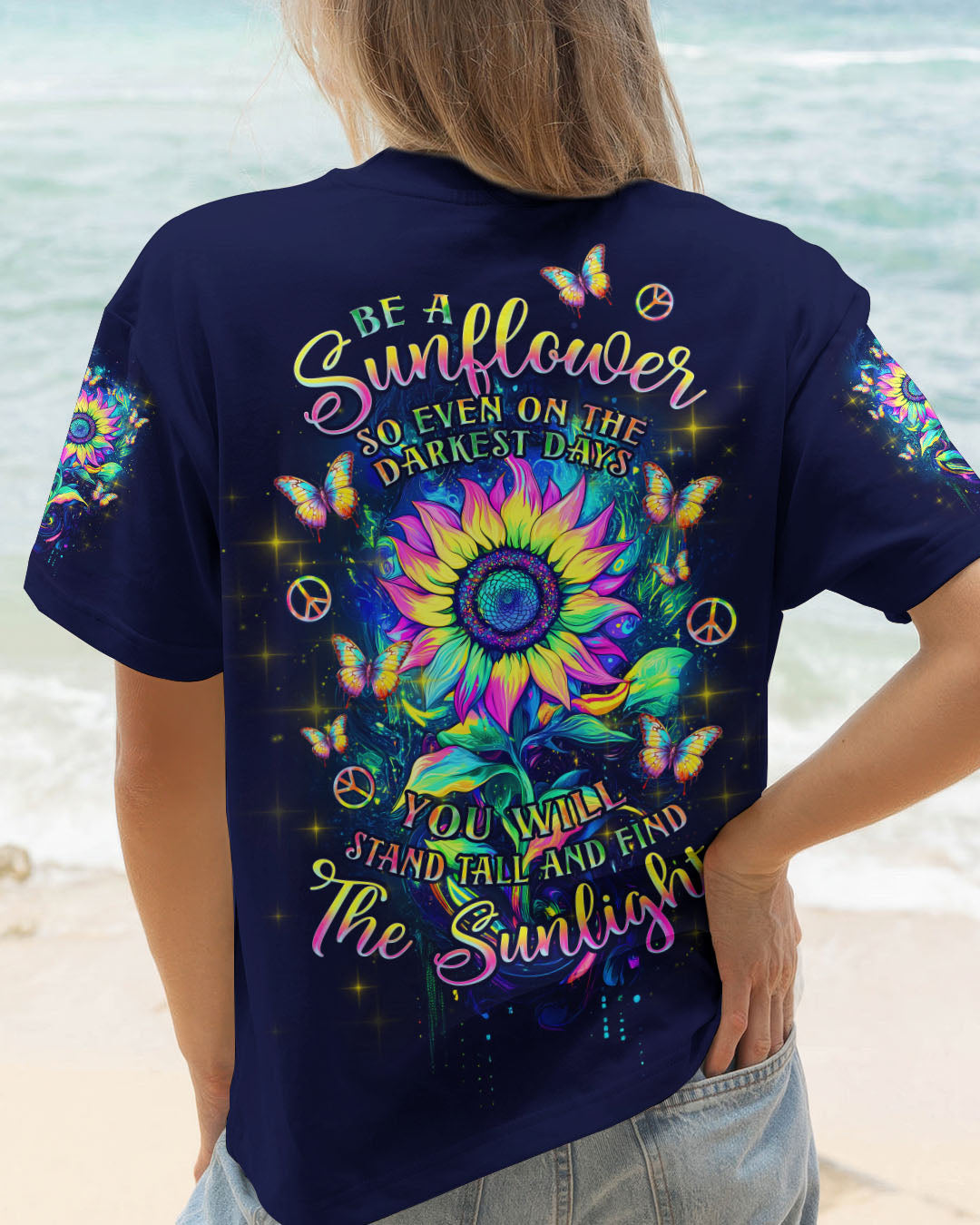 Be a Sunflower _26 Stand Tall Quote Colorful Galaxy Sunflower Peaceful Hippie Style AOP Shirts _1_ 0V6oJ